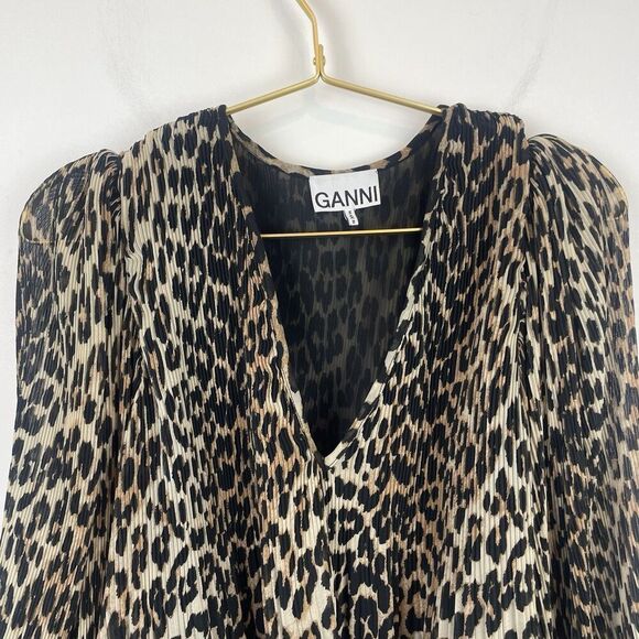 GANNI Leopard Print Oversized Bubble Sleep Blouse Size 36 /Small  100% Polyester - Picture 8 of 8